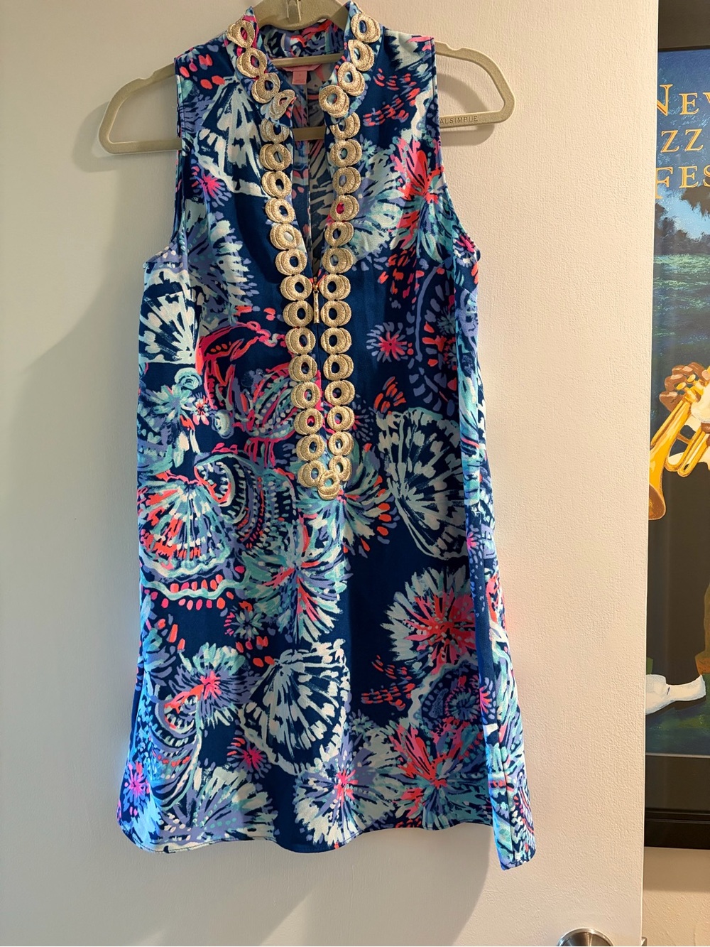 Lilly Pulitzer Navy Floral Sleeveless Shift Dress with Embellished Placket